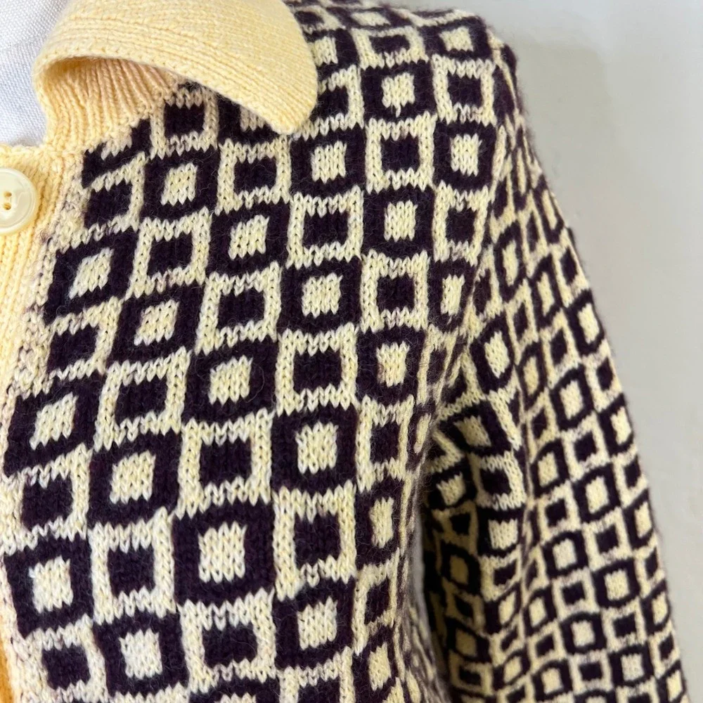 Zara‎ Cardigan Sweater Geometric Collared Size Small Yellow NEW Retro Wool Blend